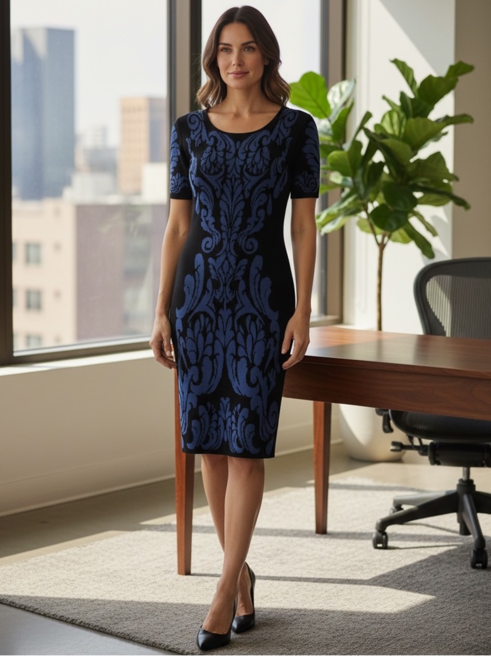 0136. Cynthia Steffe Black & Blue Jacquard Sheath Dress